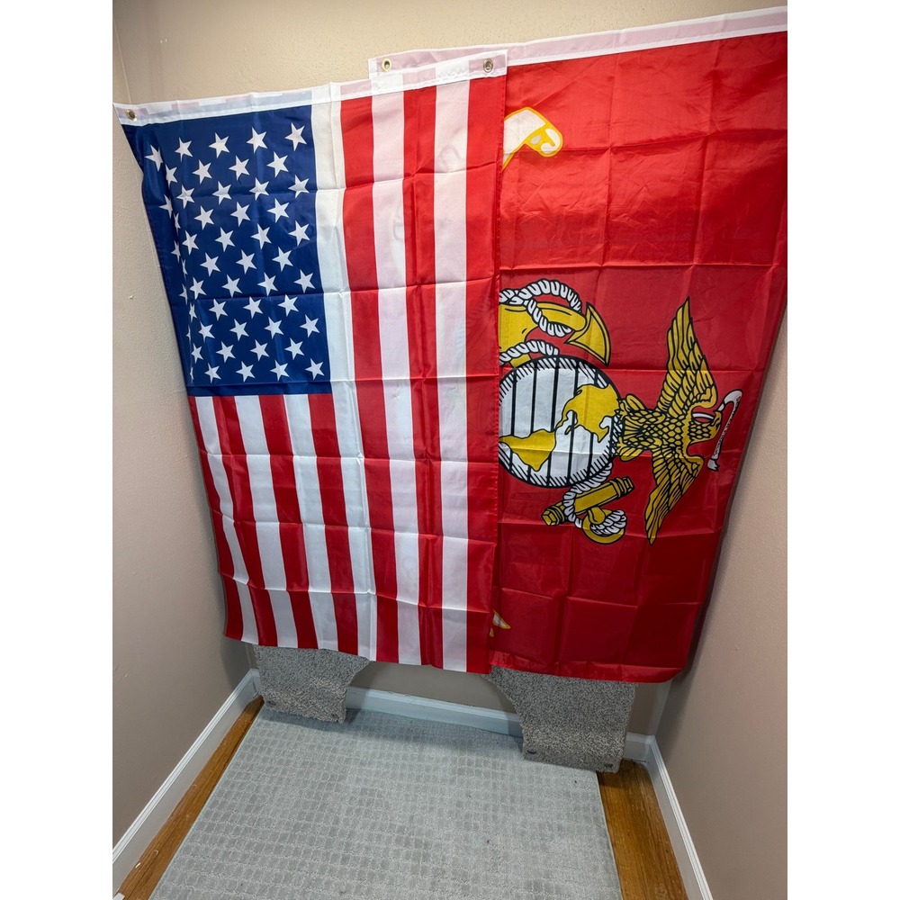 Set of 2 US American Flag and US Marine Corps USMC Flag Wall Hanging 3x5 ft